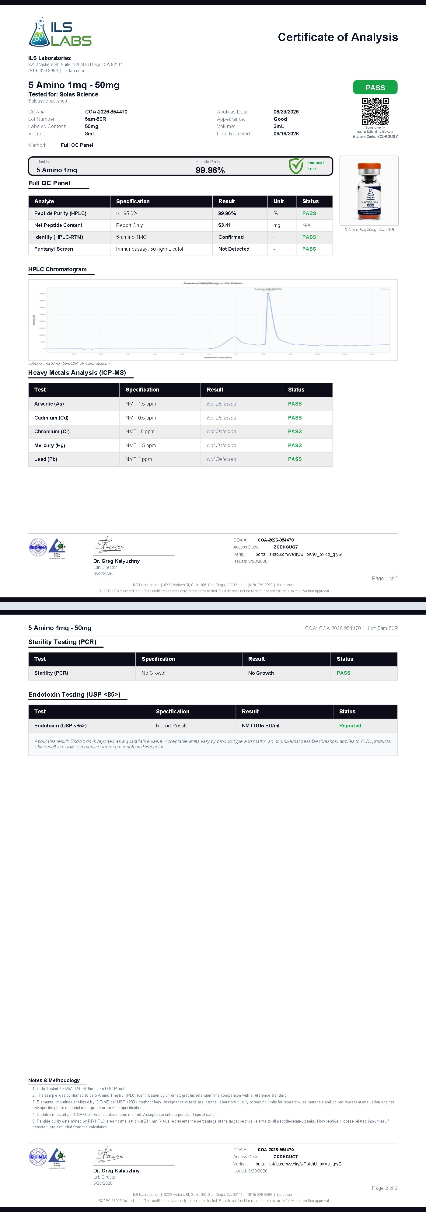 Certificate of Analysis for 5-Amino-1MQ 50mg, batch 001