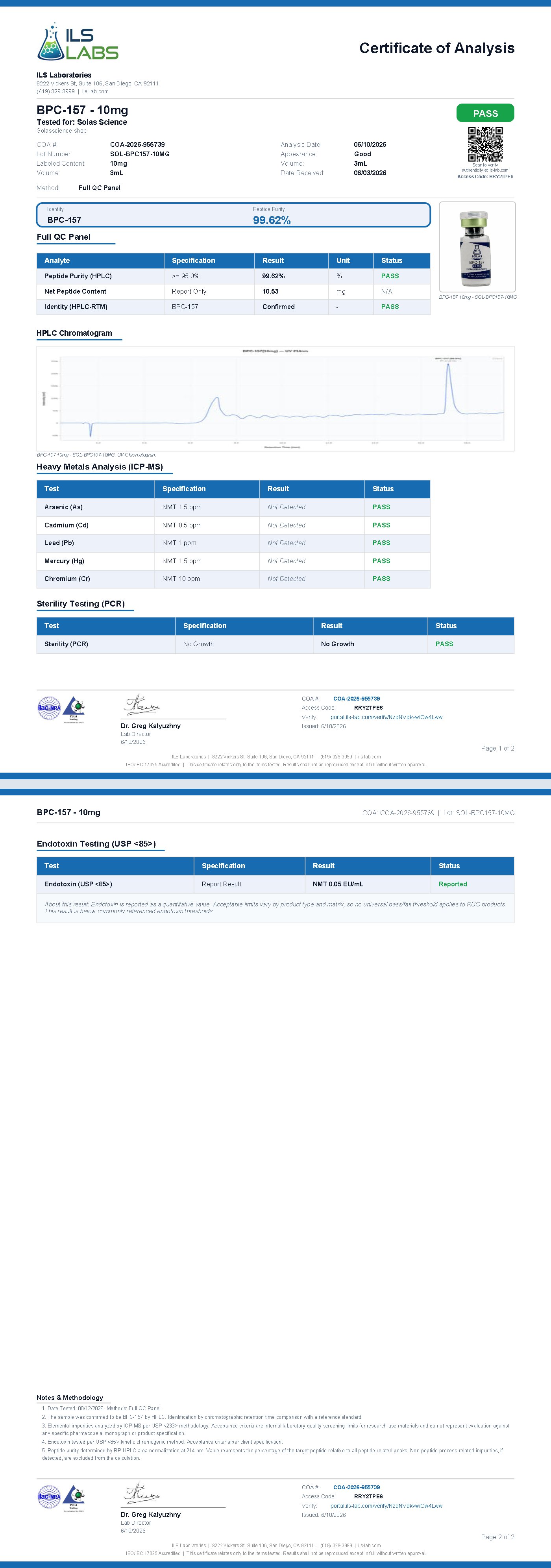 Certificate of Analysis for BPC-157 10mg, batch SOL-BPC157-10MG