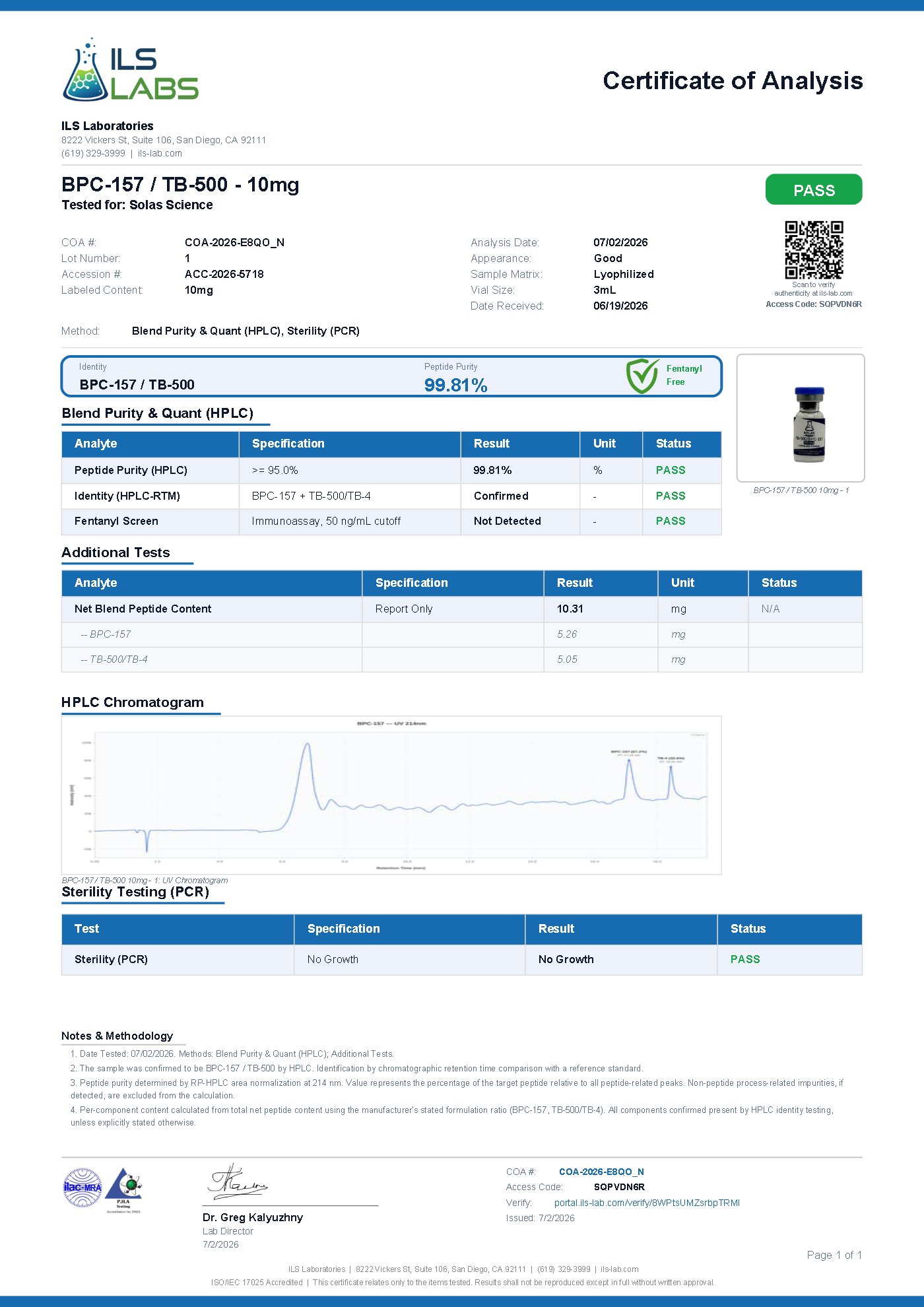 Certificate of Analysis for BPC/TB-500 10mg, batch 001