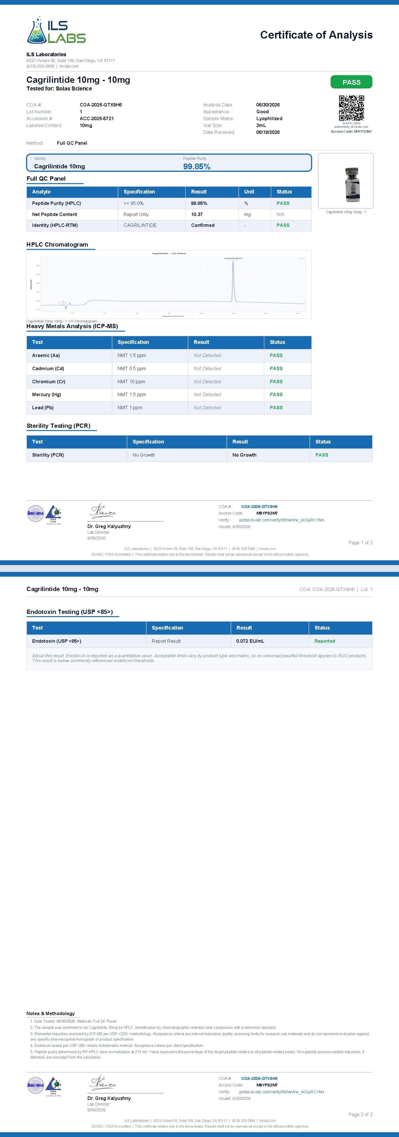Certificate of Analysis for Cagrilintide 10mg, batch 001