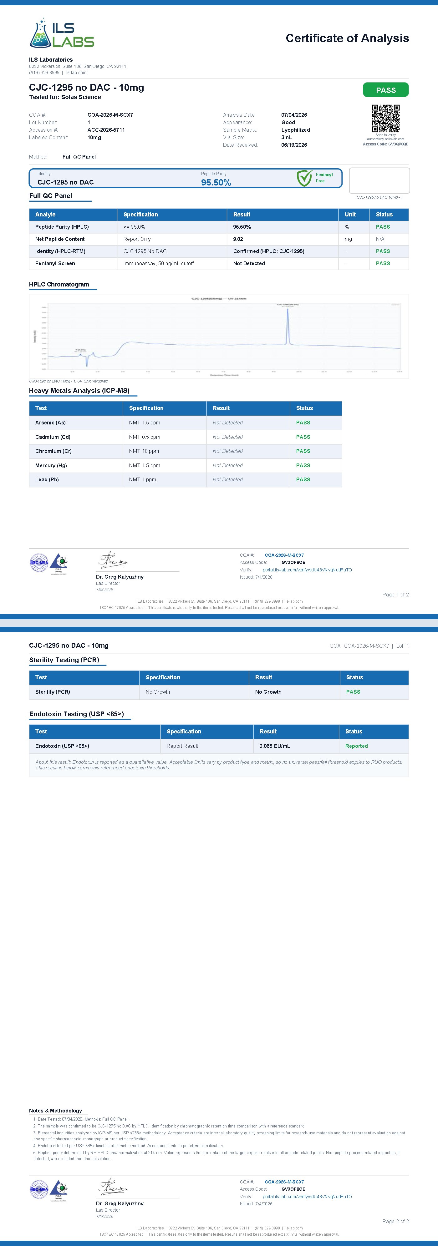 Certificate of Analysis for CJC-1295 no DAC, batch 001