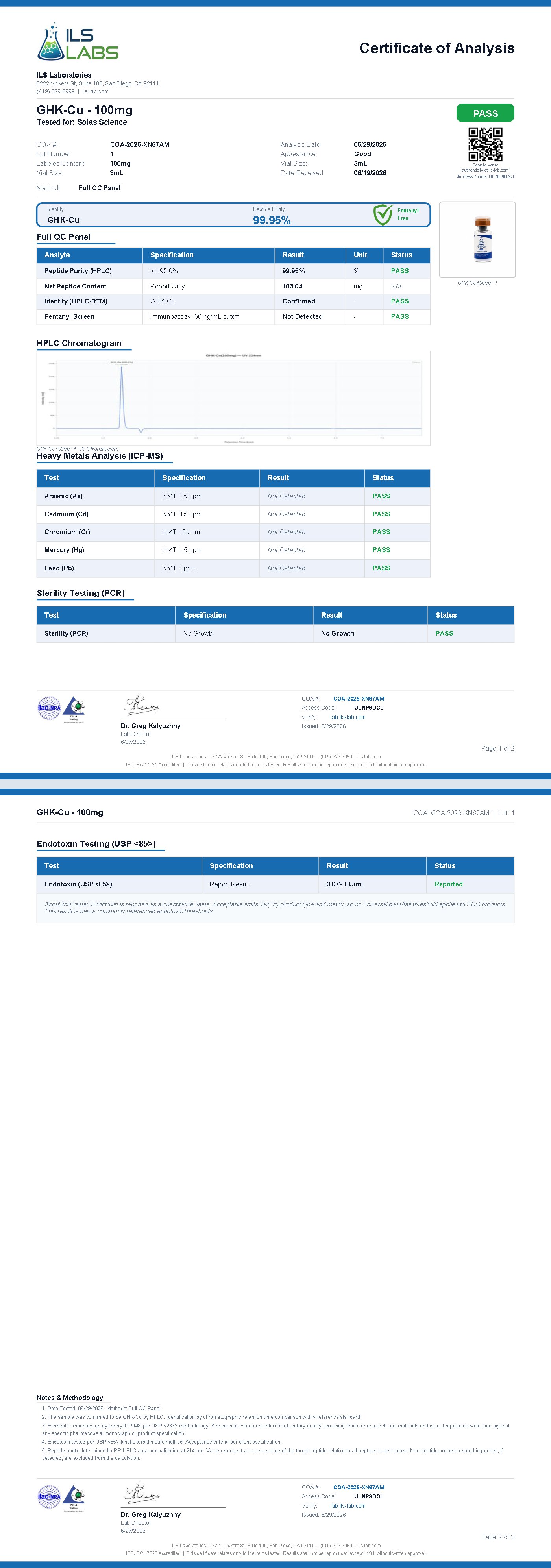 Certificate of Analysis for GHK-Cu 100mg, batch 001