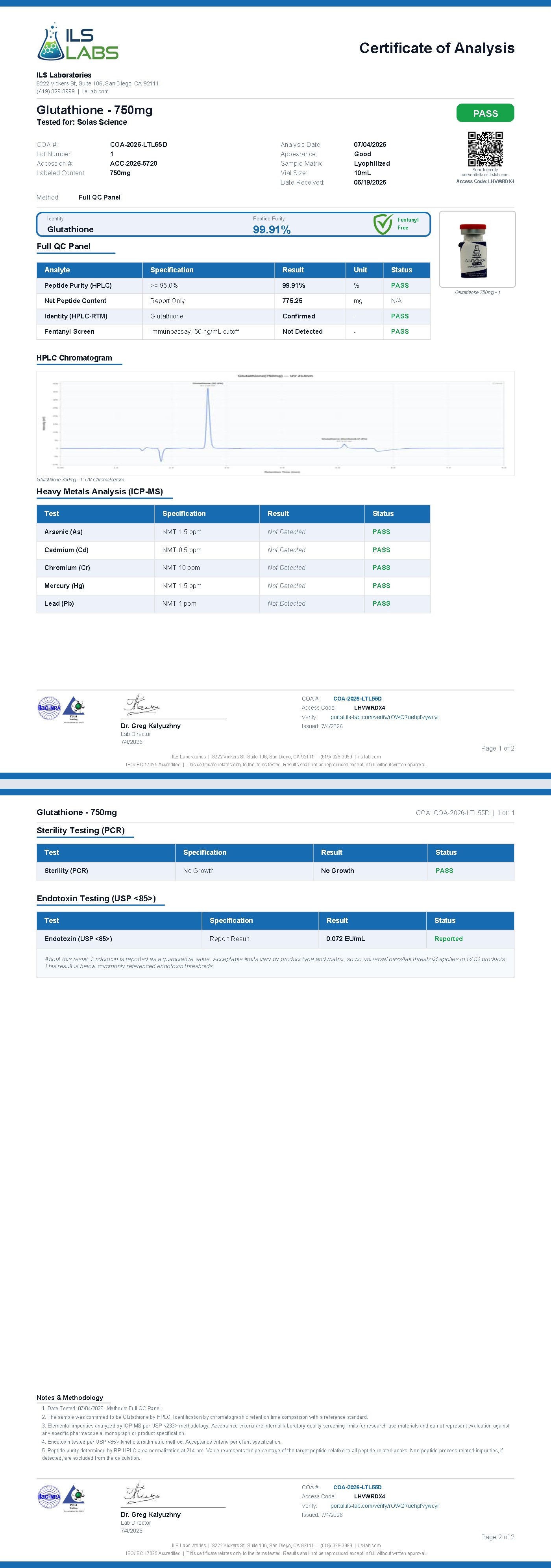 Certificate of Analysis for Glutathione 750mg, batch 001