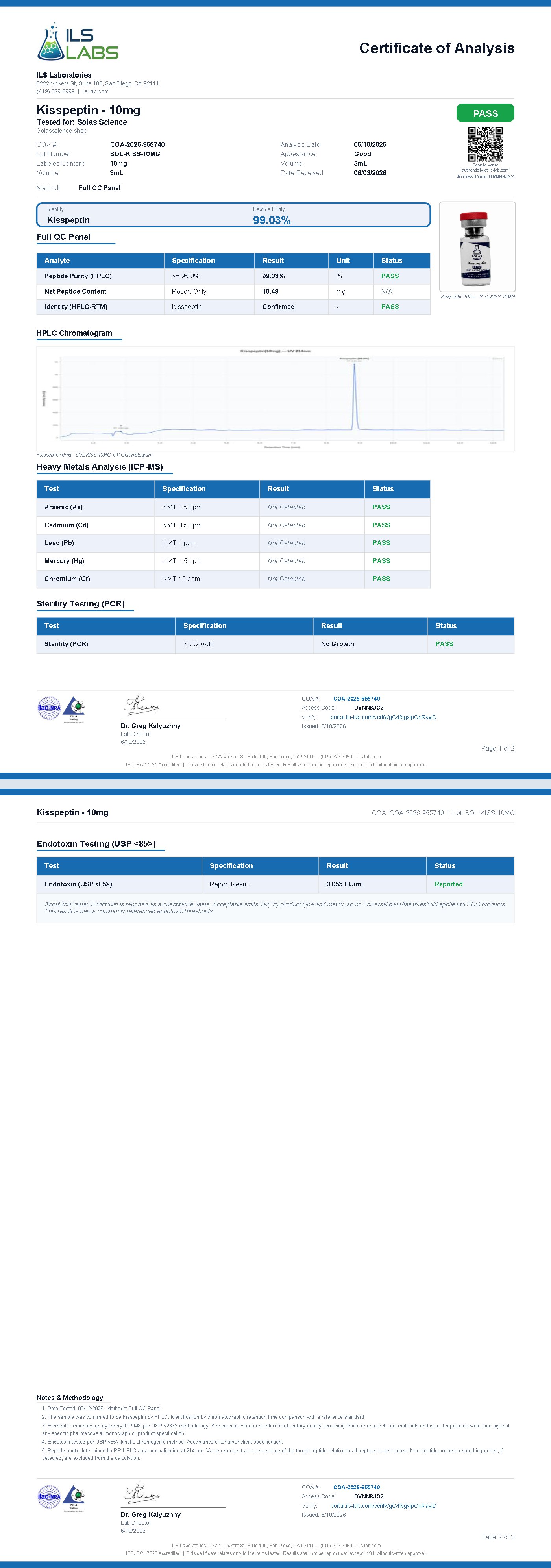 Certificate of Analysis for Kisspeptin 10mg, batch SOL-KISS-10MG