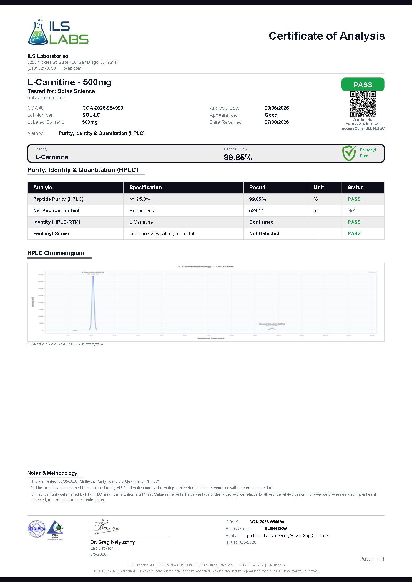 Certificate of Analysis for L-Carnitine 500mg, batch SOL-LC