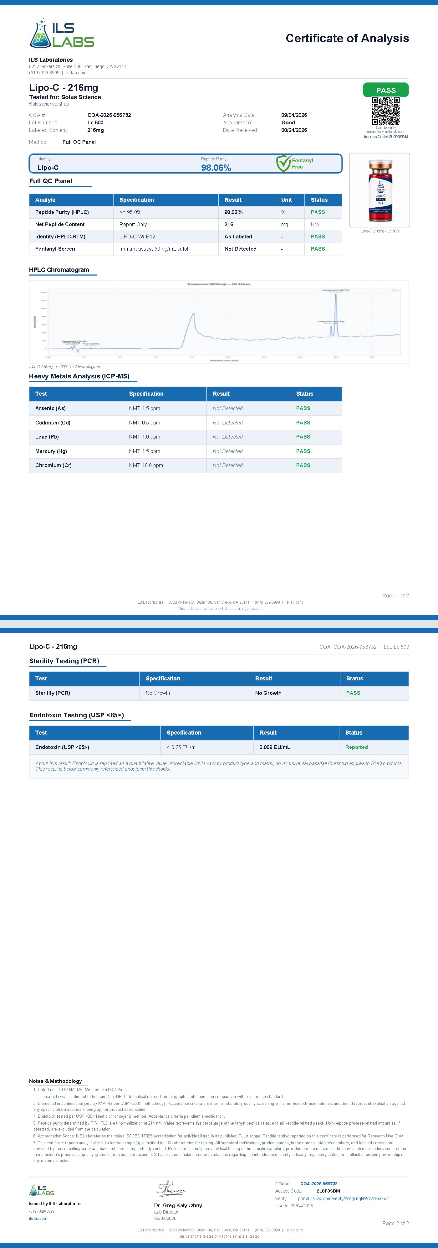 Certificate of Analysis for Lipo-C 216mg, batch Lc 500