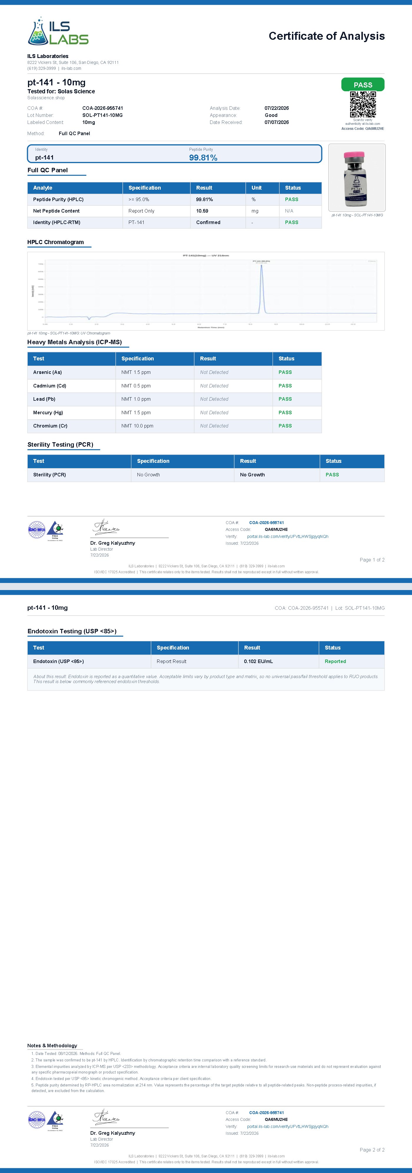 Certificate of Analysis for PT-141 10mg, batch SOL-PT141-10MG