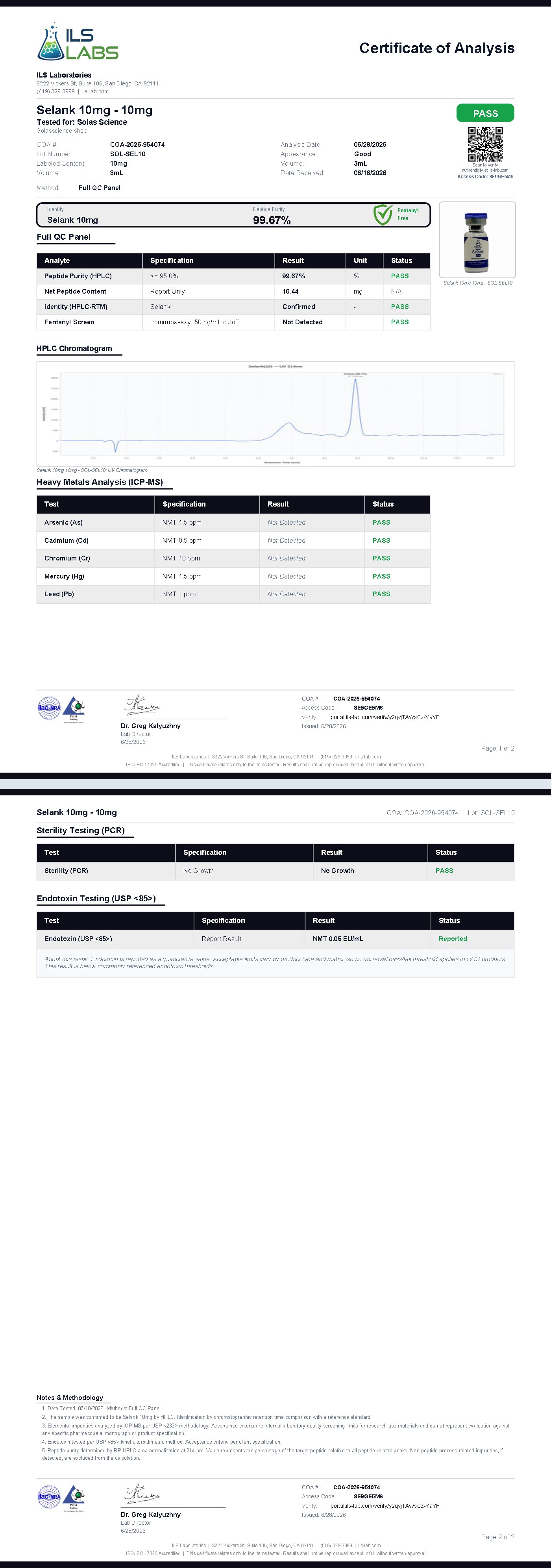Certificate of Analysis for Selank, batch 001
