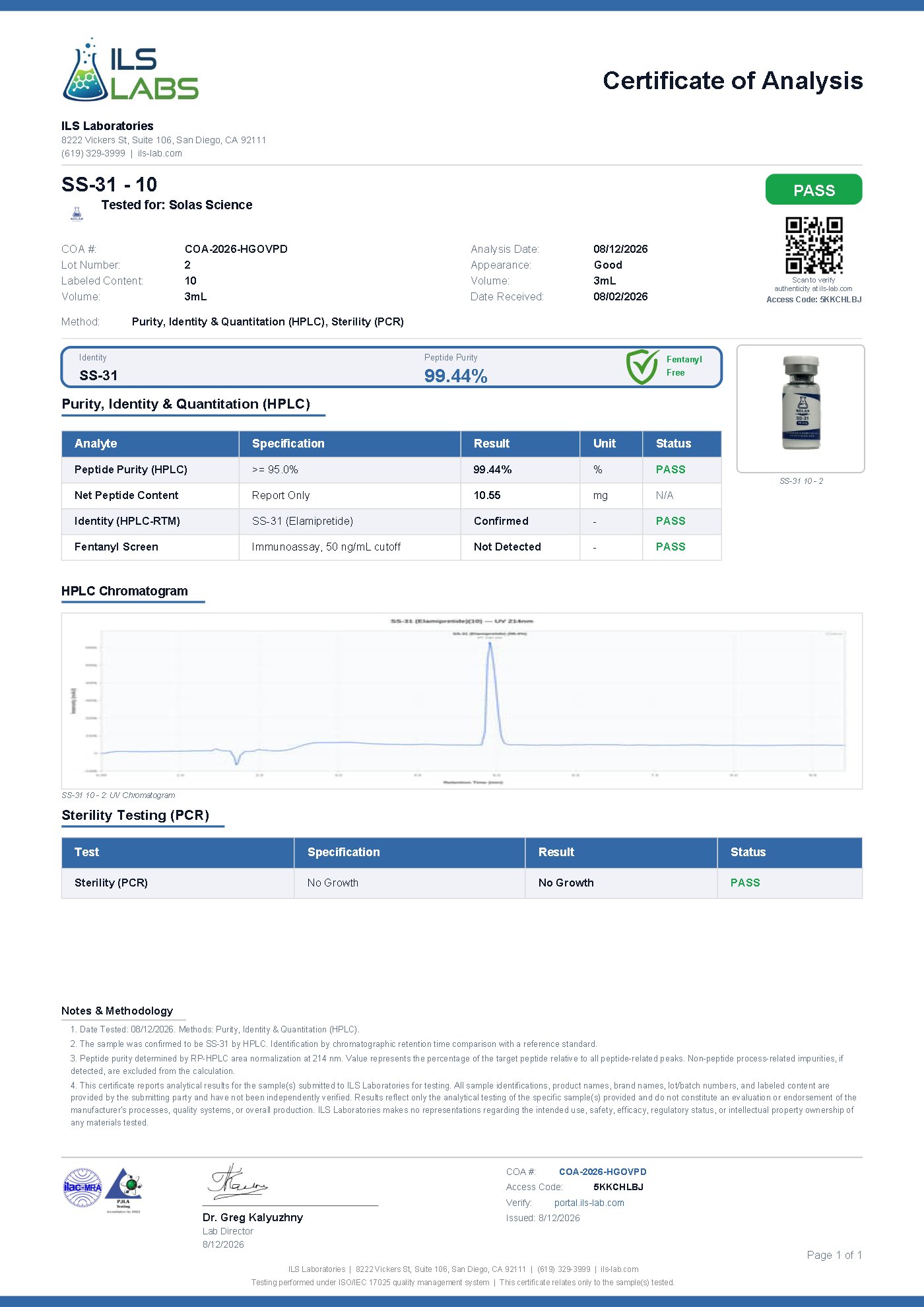 Certificate of Analysis for SS-31 10mg, batch 2