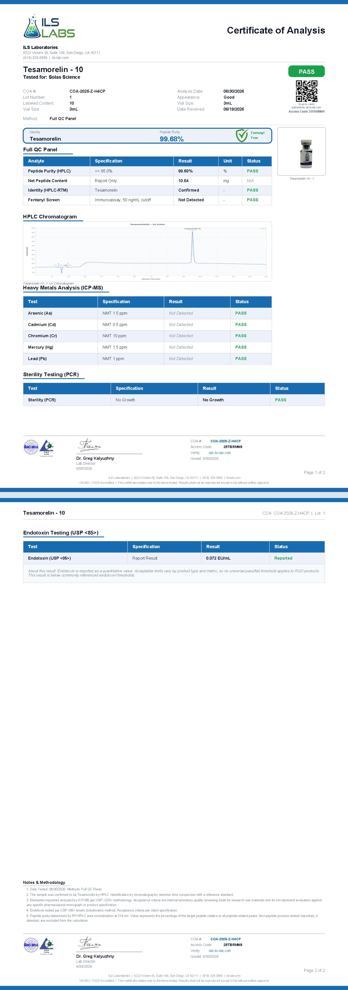 Certificate of Analysis for Tesamorelin 10mg, batch 001