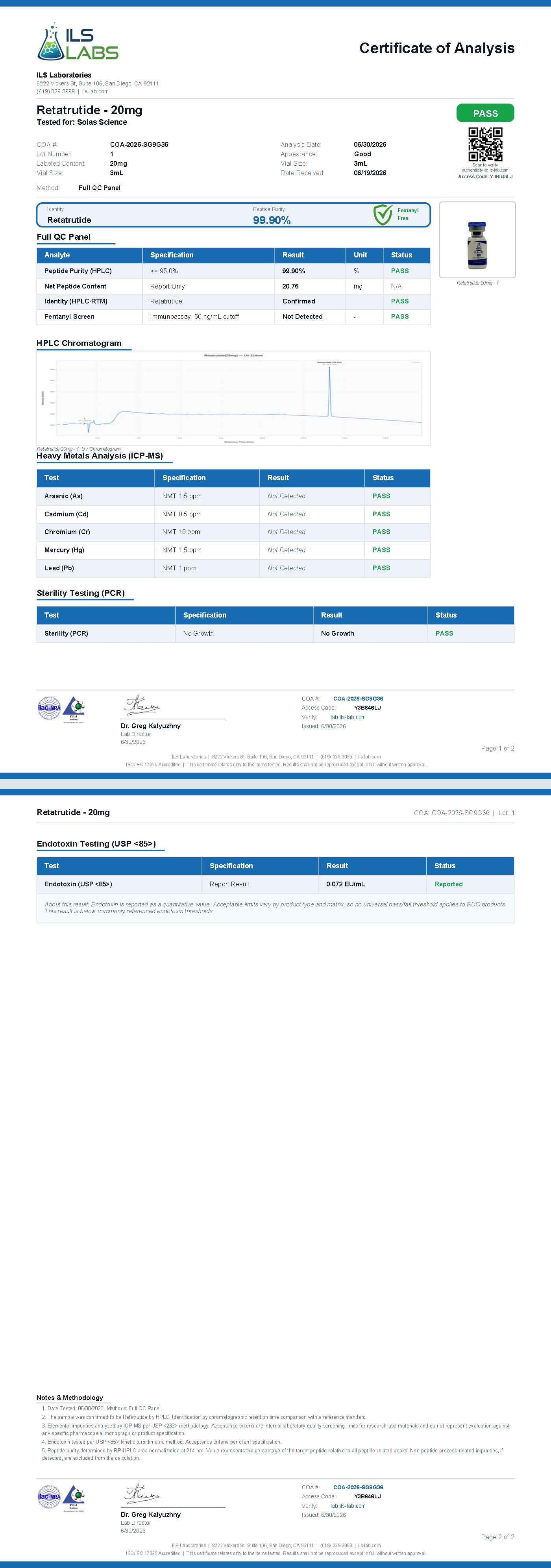 Certificate of Analysis for GLP-RT 20mg, batch 1