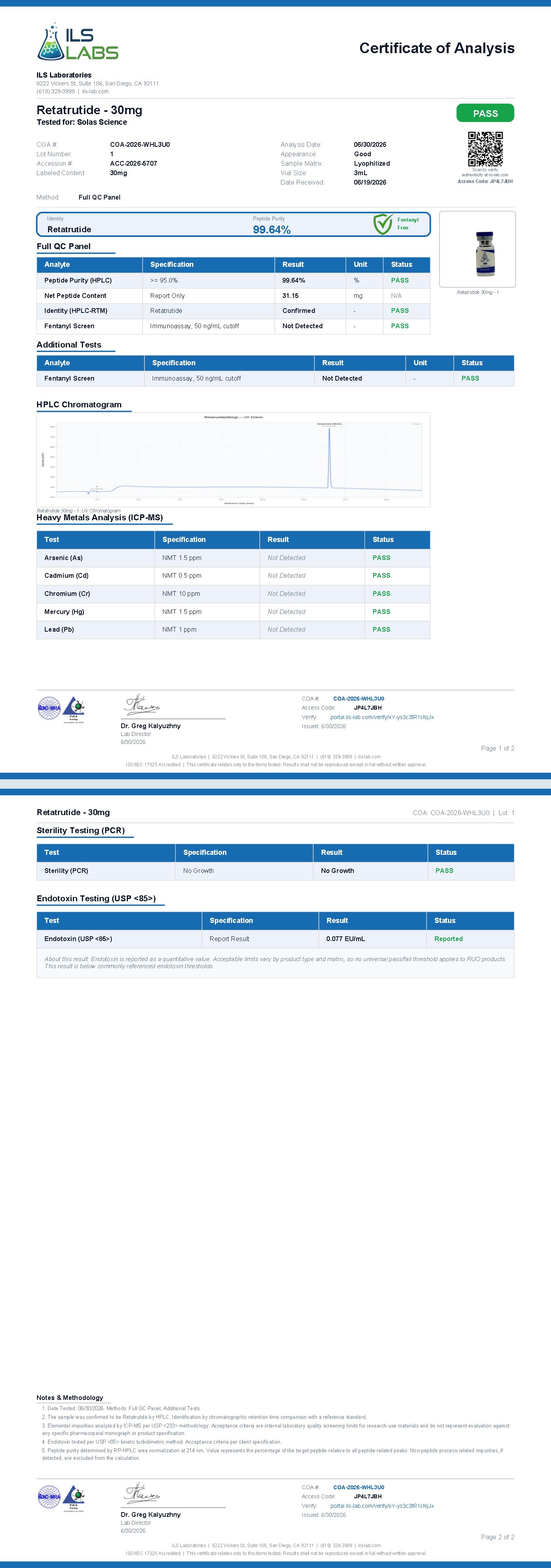Certificate of Analysis for GLP-RT 30mg, batch 001