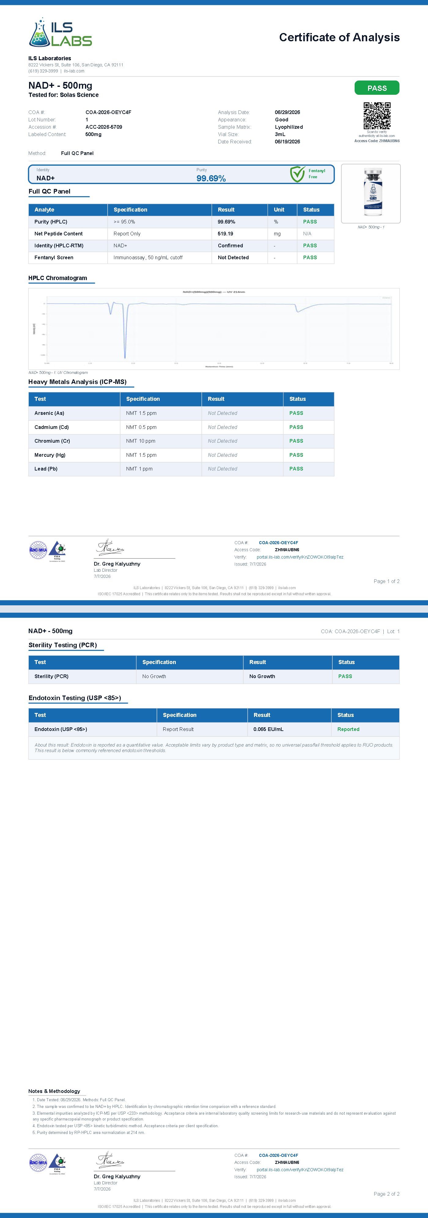 Certificate of Analysis for NAD+ 500mg, batch 001