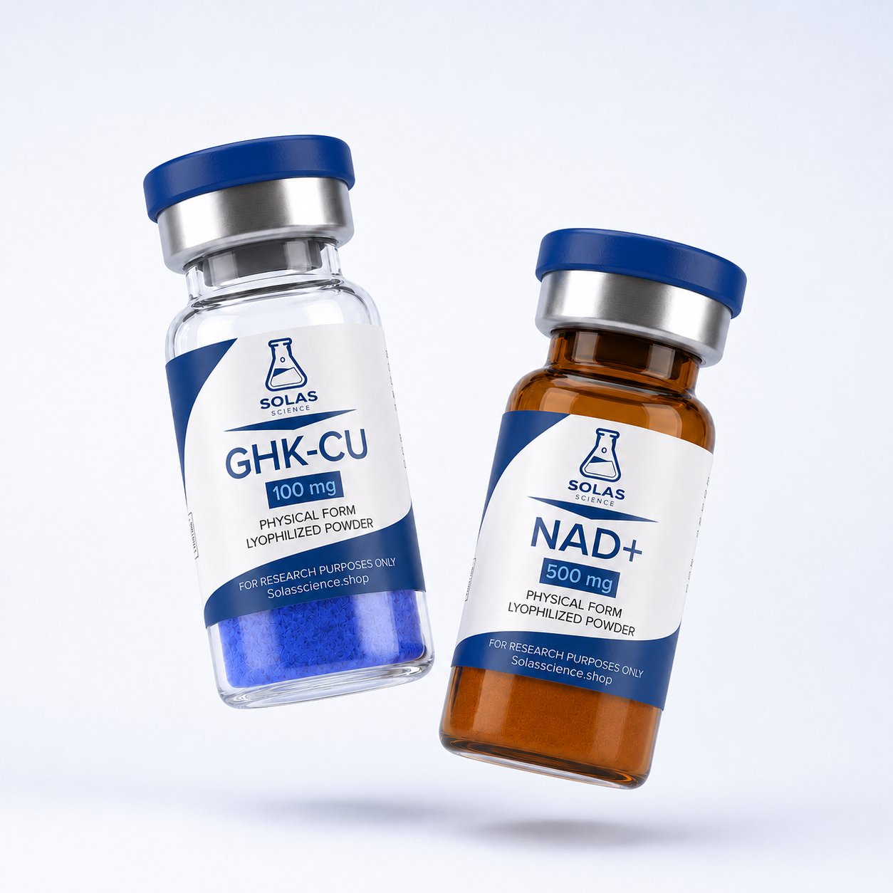 Solas Science GHK-Cu and NAD+ research compound vials.
