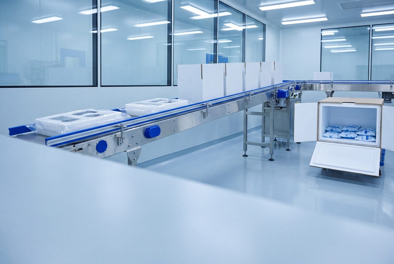 Cleanroom fulfilment line with insulated cold-shipper packaging
