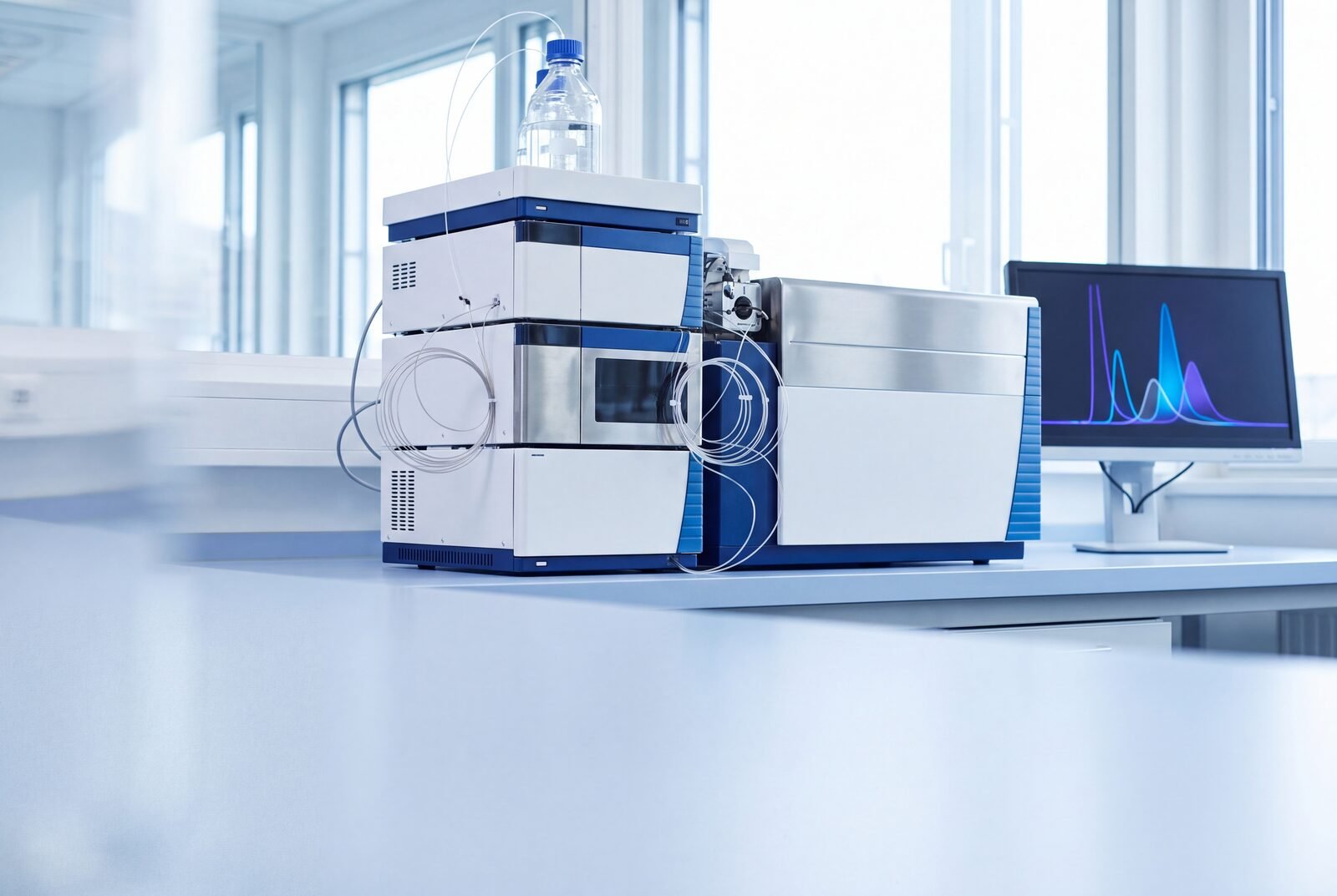 Tandem LC-MS/MS instrument stack with chromatogram display