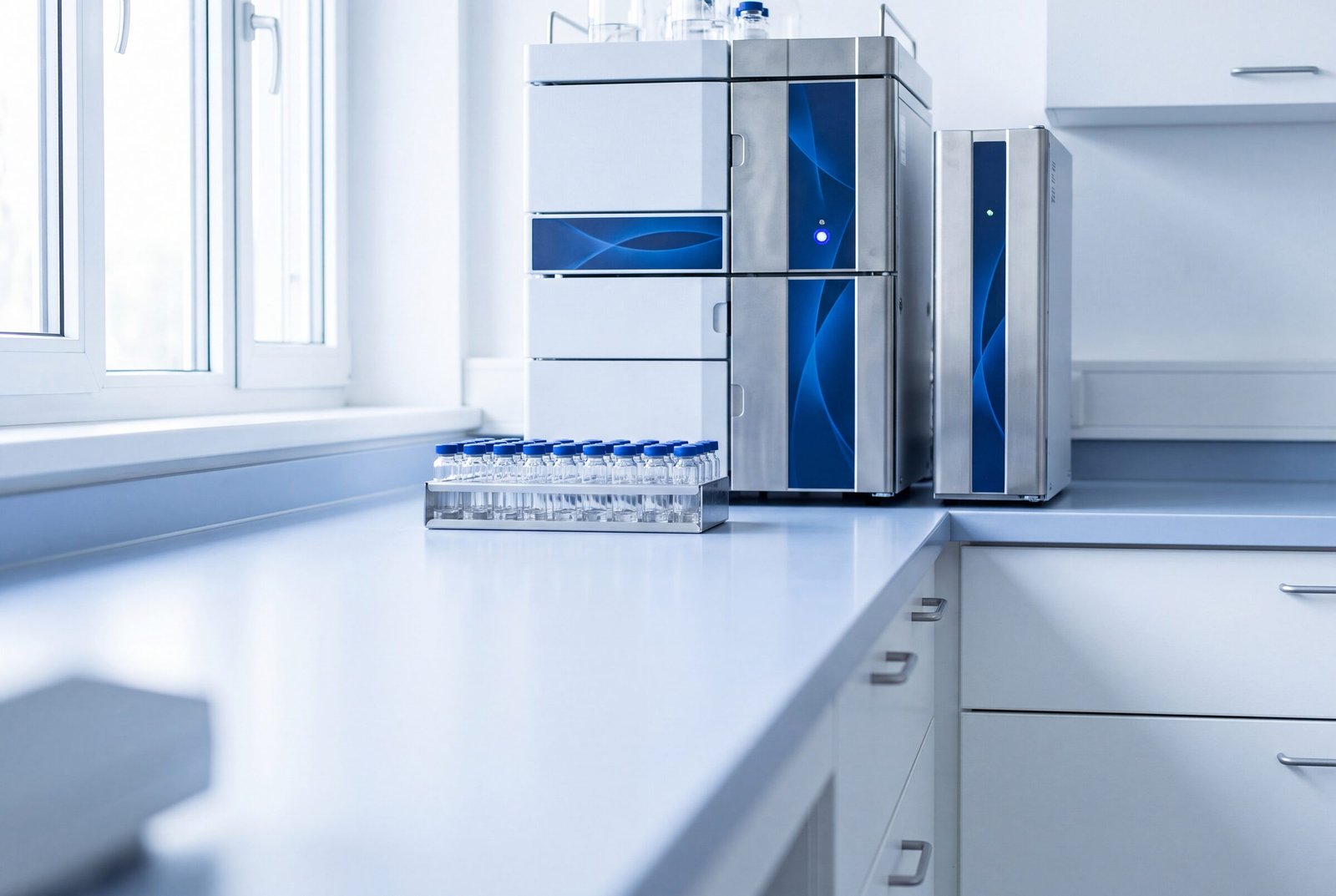 Analytical chemistry laboratory bench with chromatography instrumentation