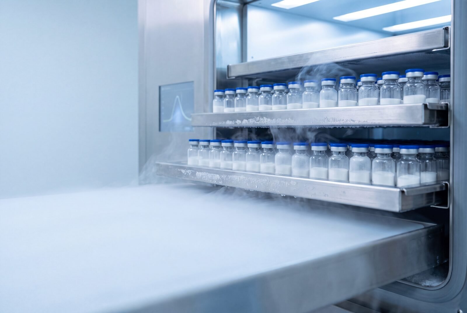 Pharmaceutical freeze-dryer shelves holding vials of lyophilised powder