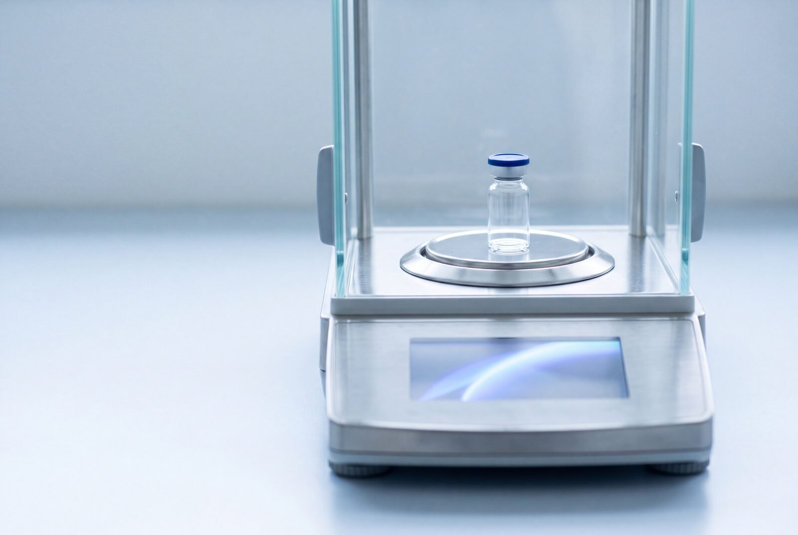 Analytical balance with a single vial on the weighing pan