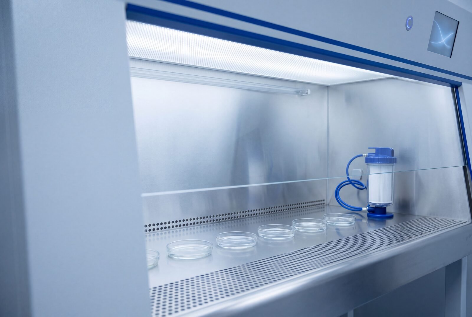 Laminar-flow biosafety cabinet with sterile petri dishes and filter unit