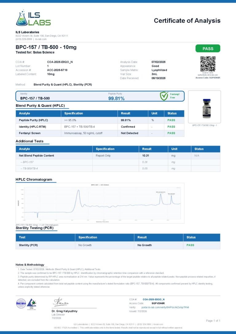 Certificate of Analysis for BPC/TB-500 10mg, batch 001