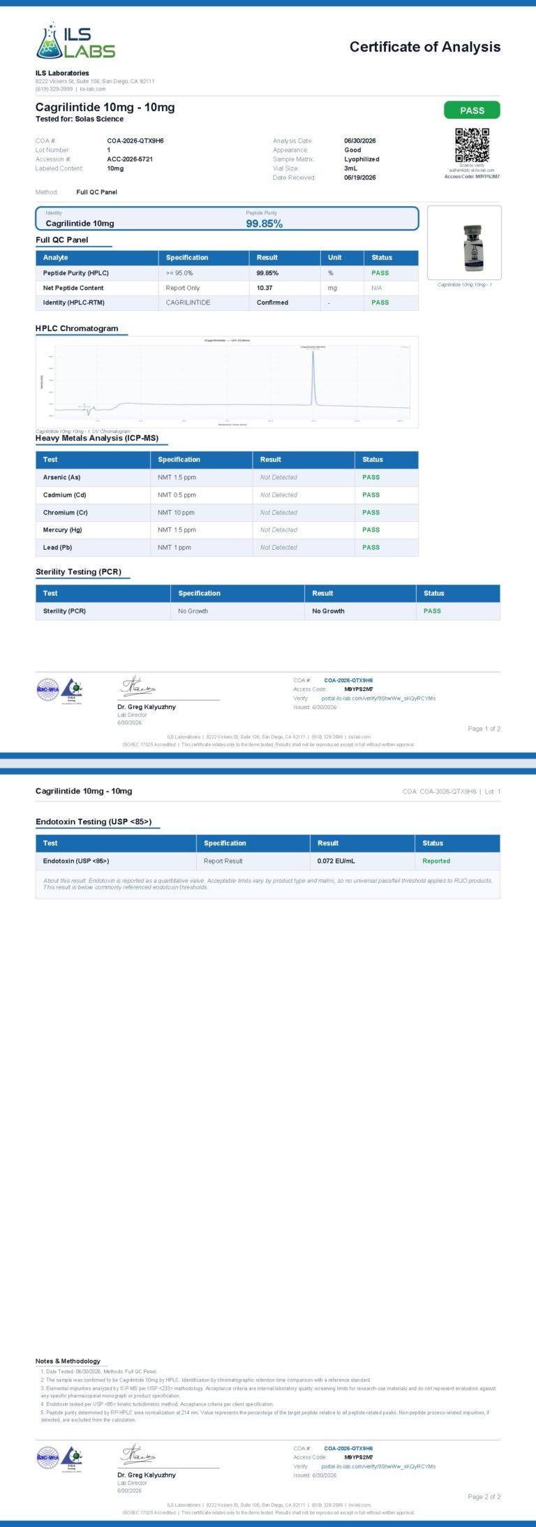 Certificate of Analysis for Cagrilintide 10mg, batch 001