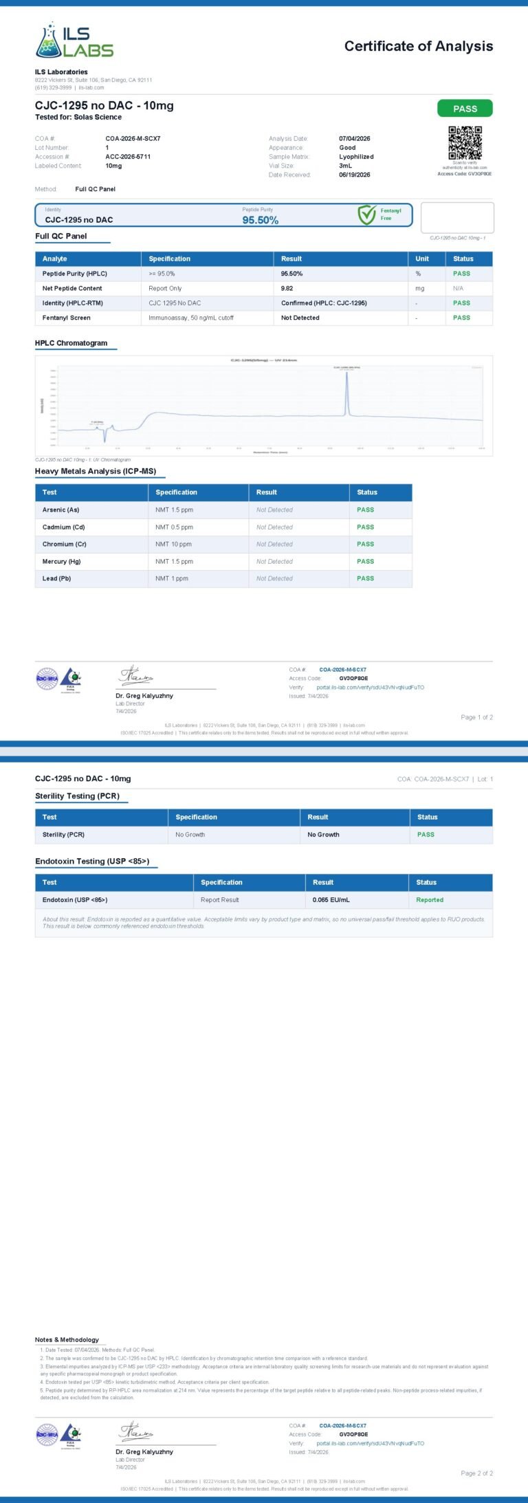 Certificate of Analysis for CJC-1295 no DAC, batch 001