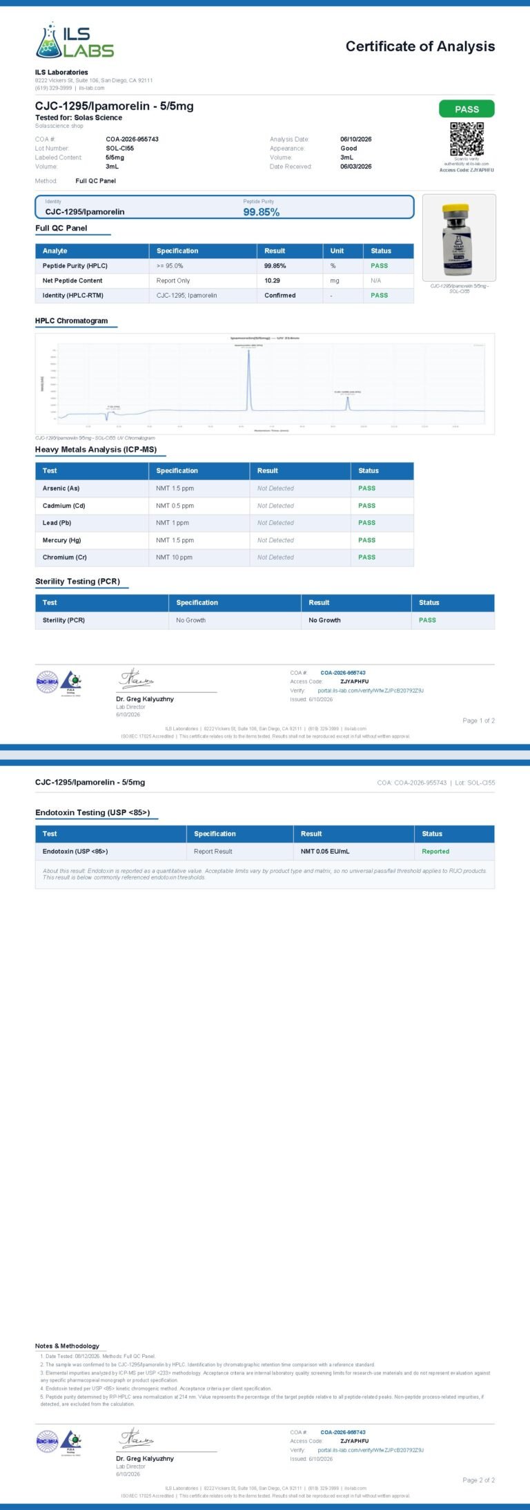 Certificate of Analysis for IPA/CJC-1295 5/5mg, batch SOL-CI55