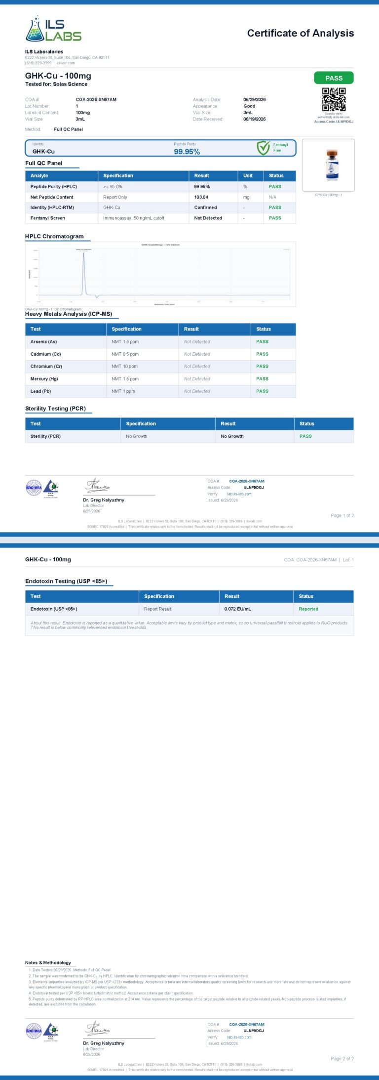Certificate of Analysis for GHK-Cu 100mg, batch 001
