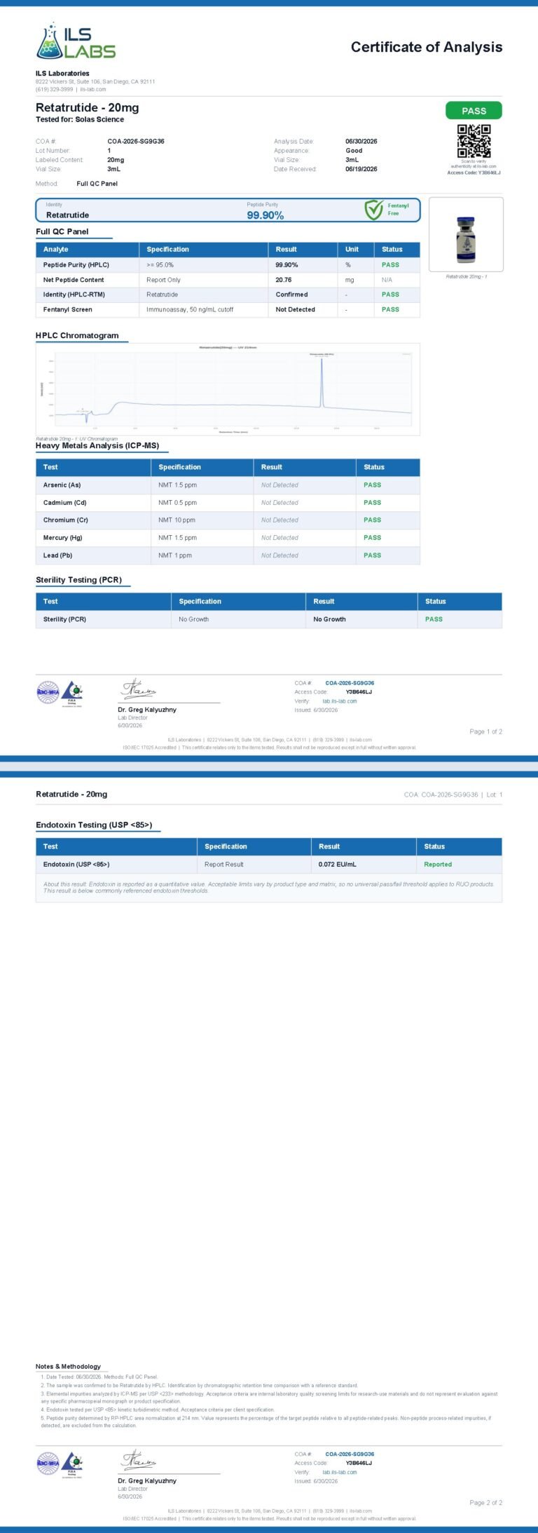 Certificate of Analysis for GLP-RT 20mg, batch 1