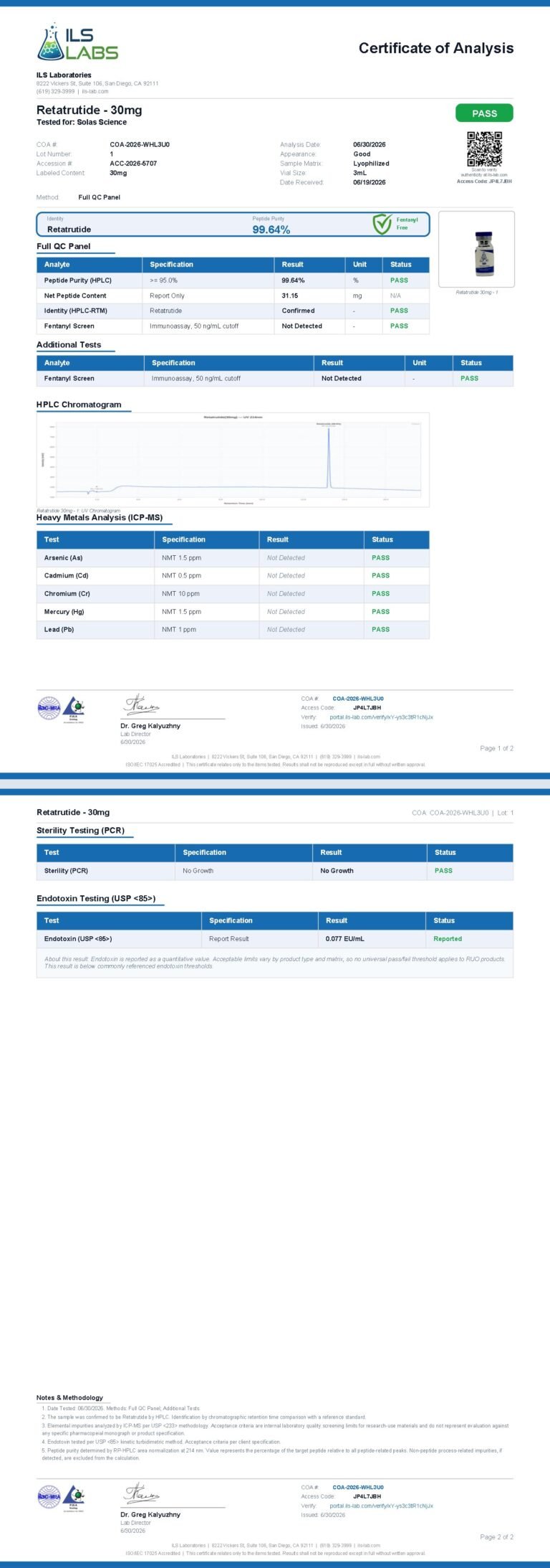 Certificate of Analysis for GLP-RT 30mg, batch 001