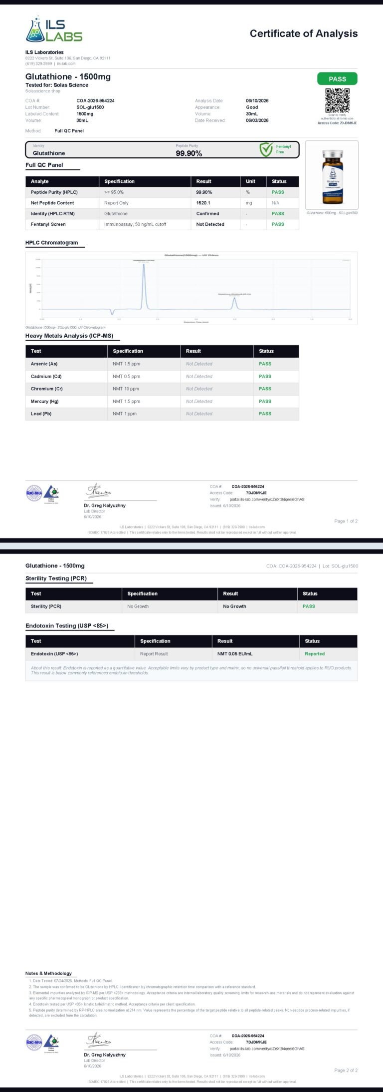 Certificate of Analysis for Glutathione 1500mg, batch 001