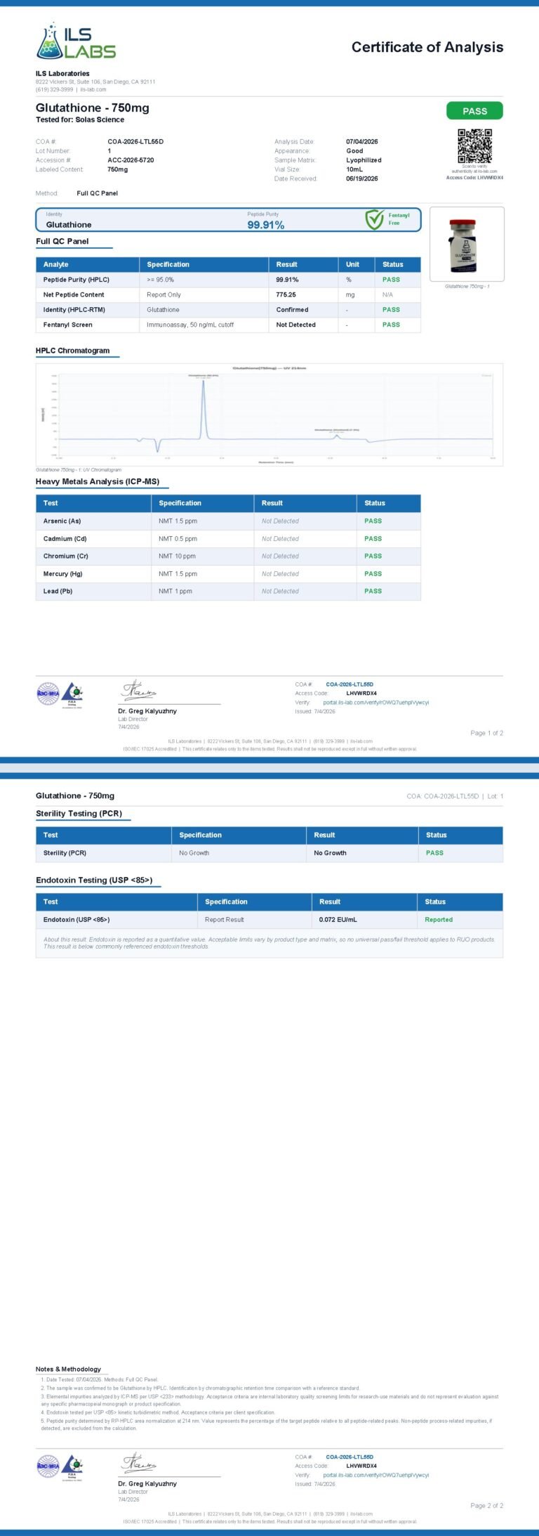 Certificate of Analysis for Glutathione 750mg, batch 001