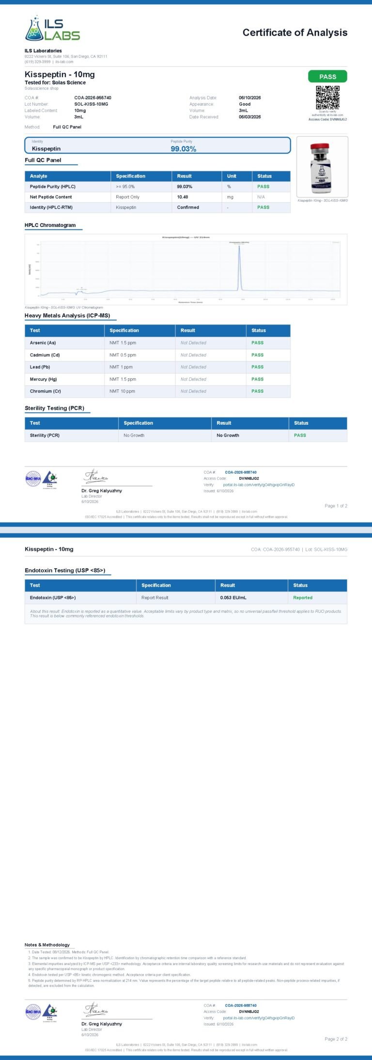 Certificate of Analysis for Kisspeptin 10mg, batch SOL-KISS-10MG