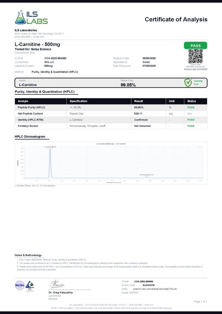 Certificate of Analysis for L-Carnitine 500mg, batch SOL-LC