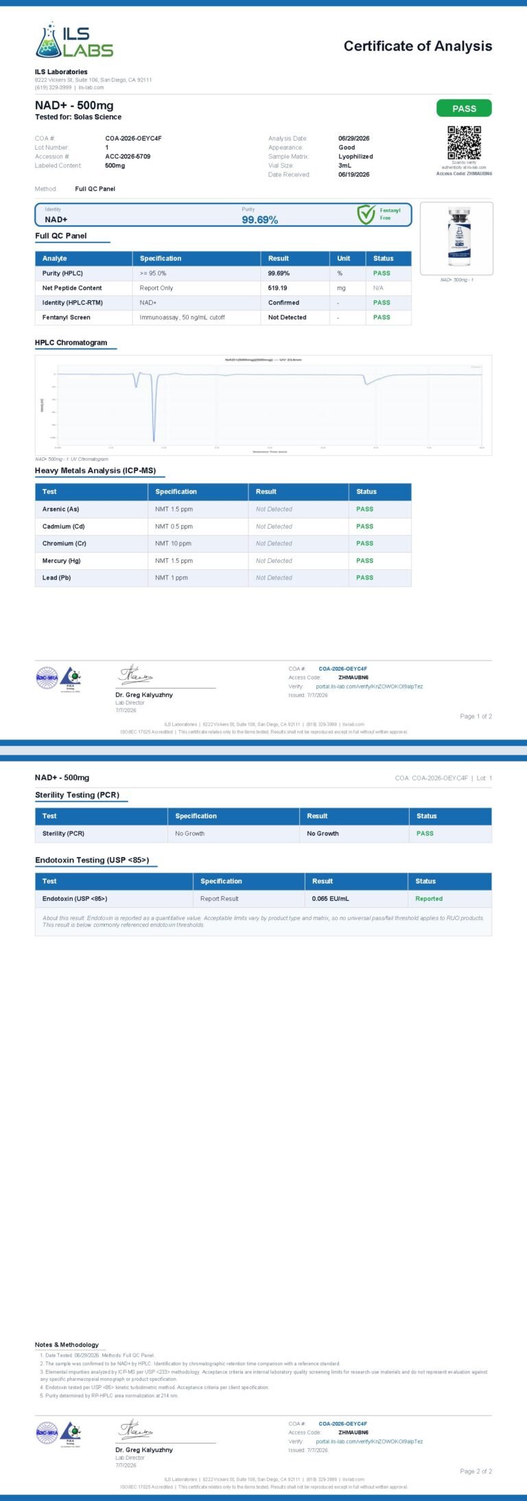Certificate of Analysis for NAD+ 500mg, batch 001