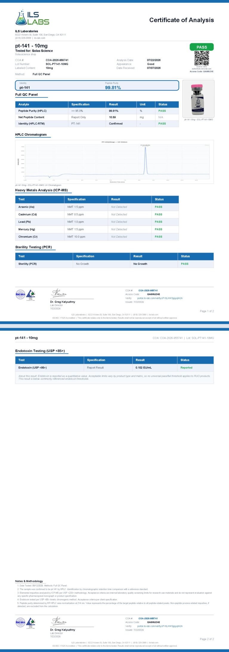 Certificate of Analysis for PT-141 10mg, batch SOL-PT141-10MG