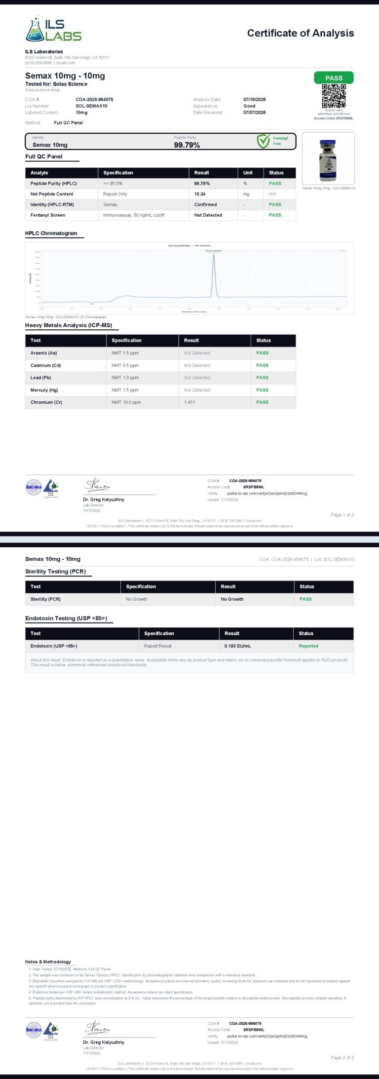 Certificate of Analysis for Semax, batch 001