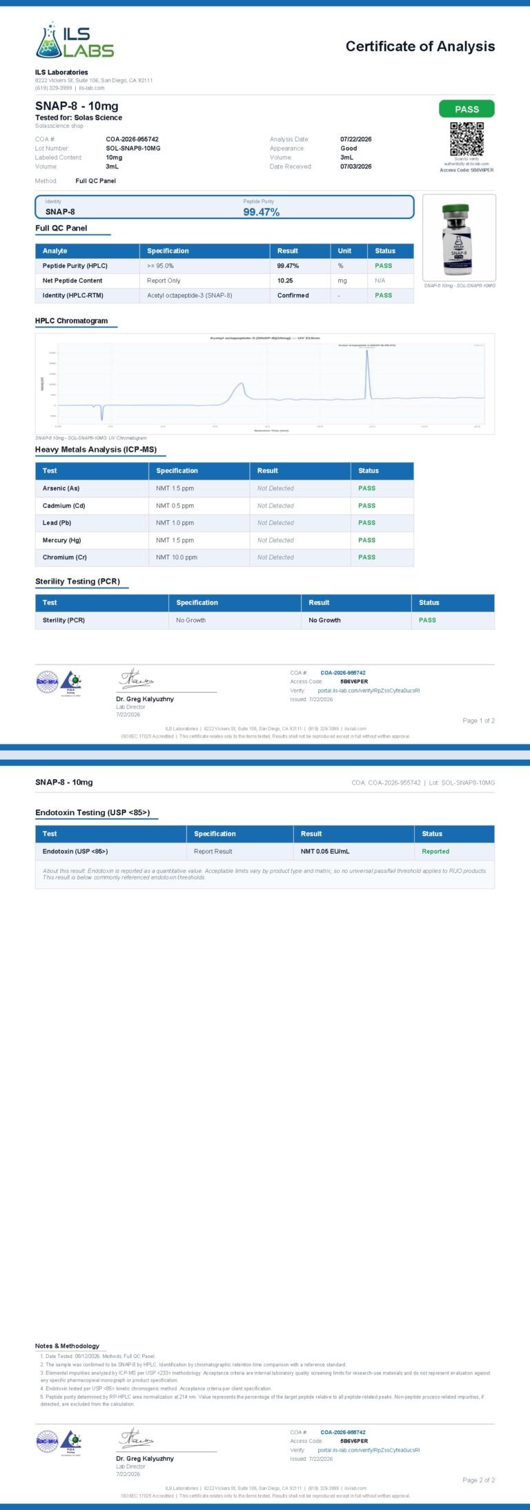 Certificate of Analysis for SNAP-8 10mg, batch SOL-SNAP8-10MG