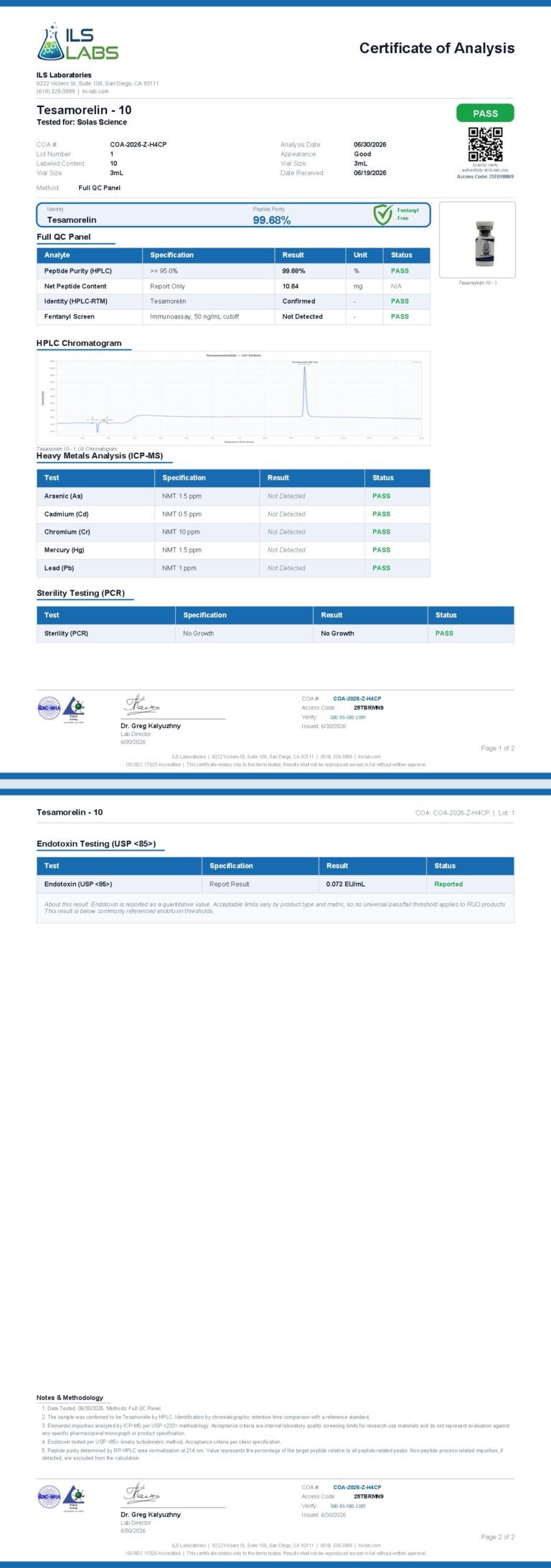 Certificate of Analysis for Tesamorelin 10mg, batch 001